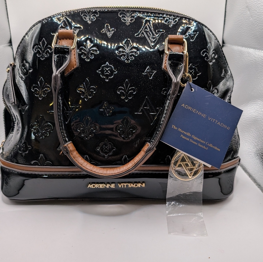 Adrienne Vittadini Black Patent Dome Satchel with Brown Trim